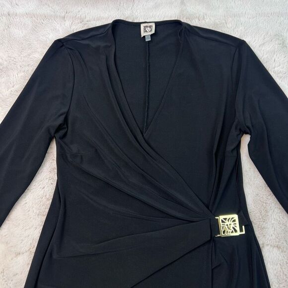ANNE KLEIN BLACK JERSEY Faux Wrap Drape Sheath Dress Size 10 Deep Vneck Stretchy - Picture 3 of 13